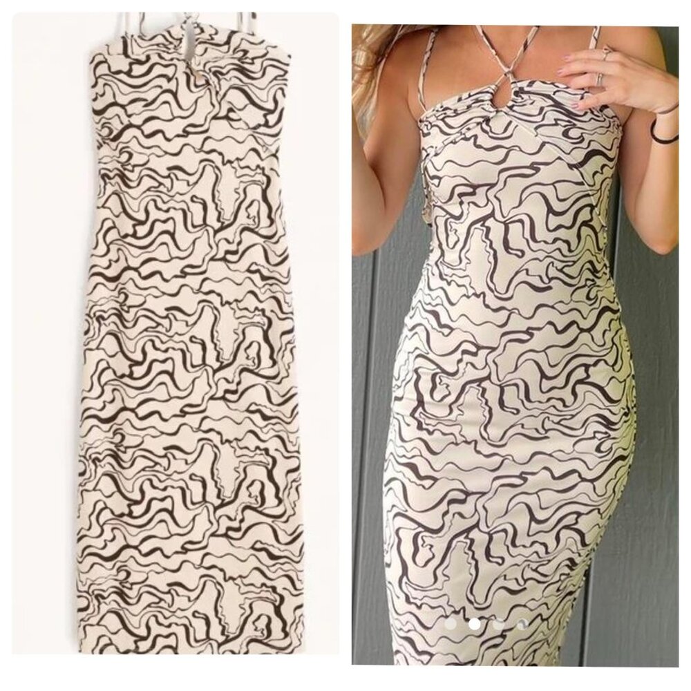Abercrombie Halter Y2K Psychedelic Midi Dress Large Bodycon Retro Classic Stretc - Picture 2 of 16